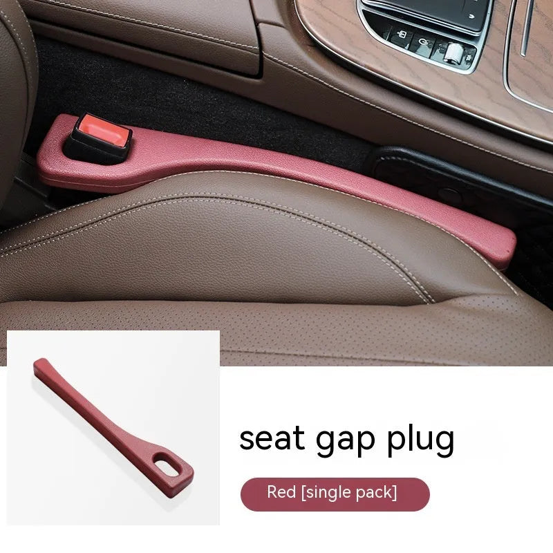 A pair of flexible polyurethane car seat gap filler rods shown in available colours: black, brown, red, beige, and green.