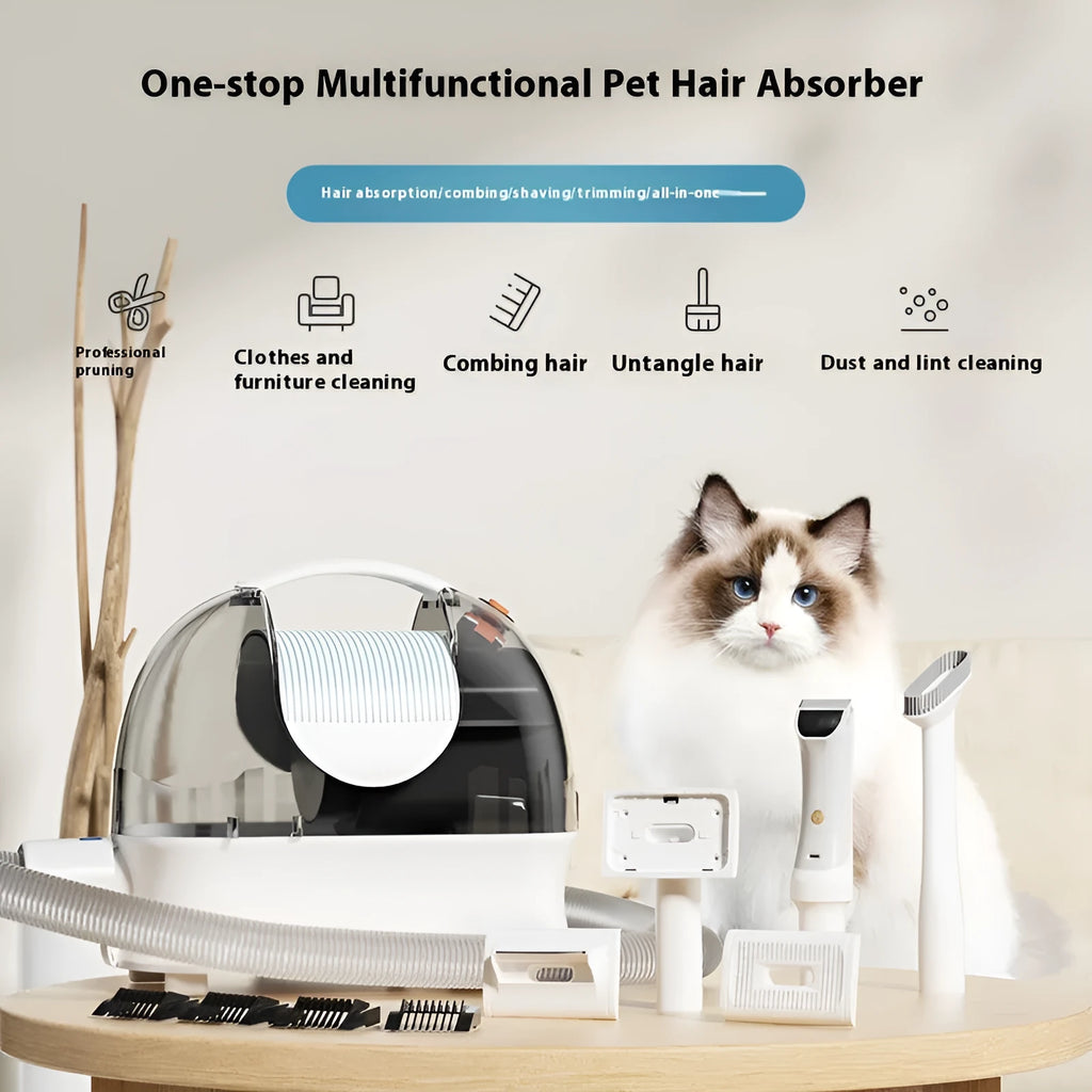 Pink and white pet grooming vacuum cleaner with hose, shear attachment, and grooming combs on a white background.