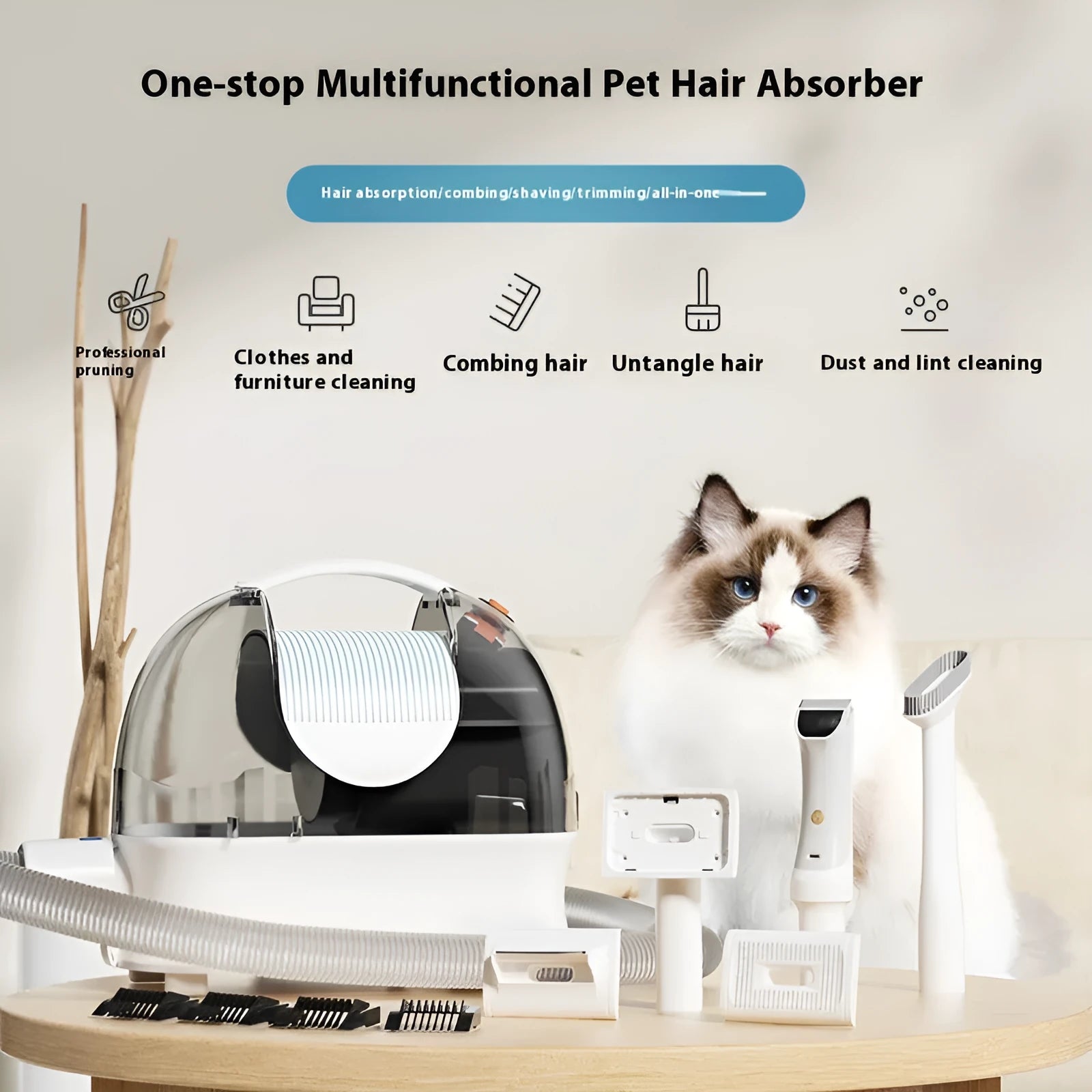 Pink and white pet grooming vacuum cleaner with hose, shear attachment, and grooming combs on a white background.