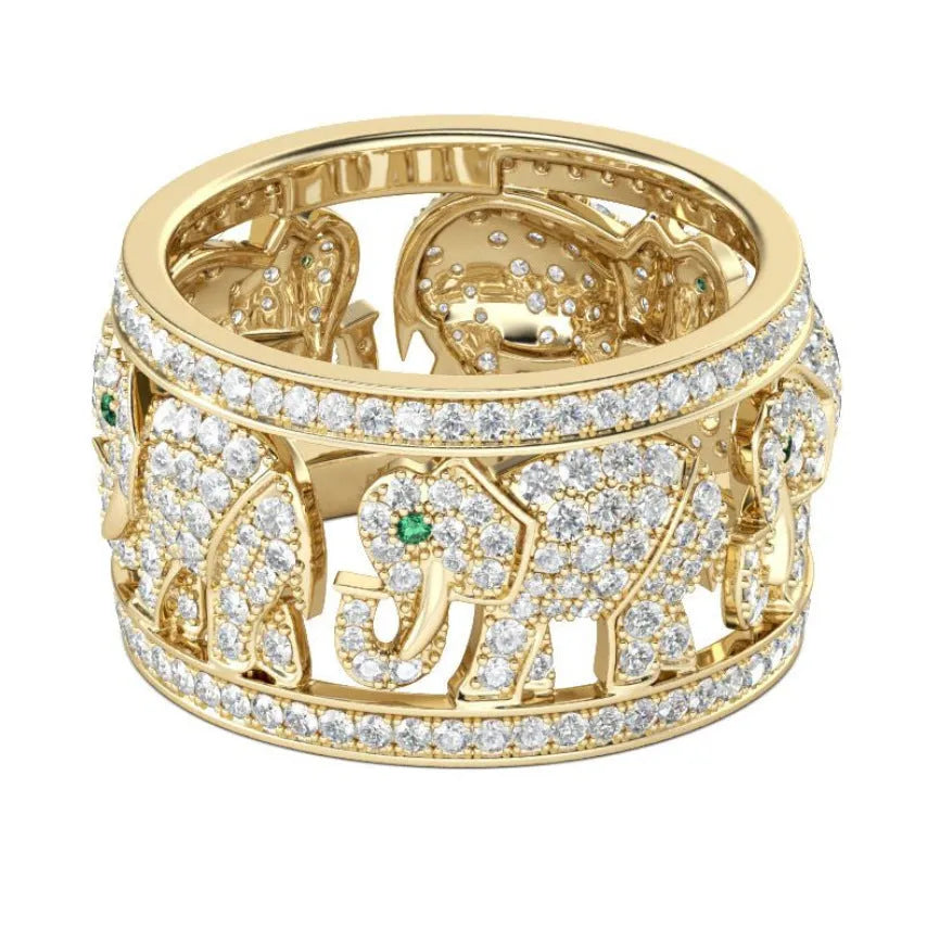 Close-up of a creative alloy ring featuring a detailed elephant design with diamond accents on a finger.