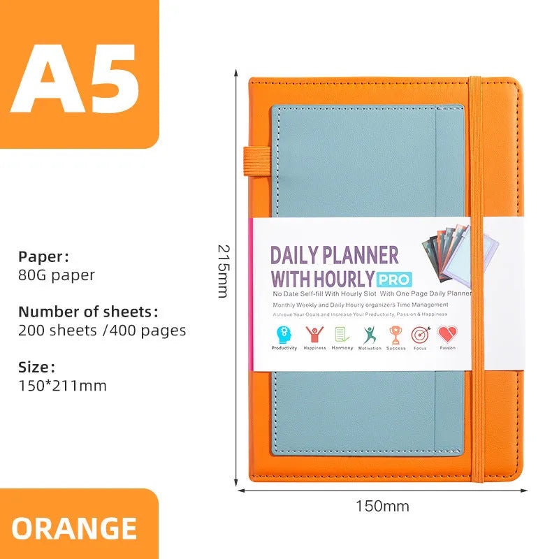 A5 notebook with purple PU cover closed by a black elastic strap