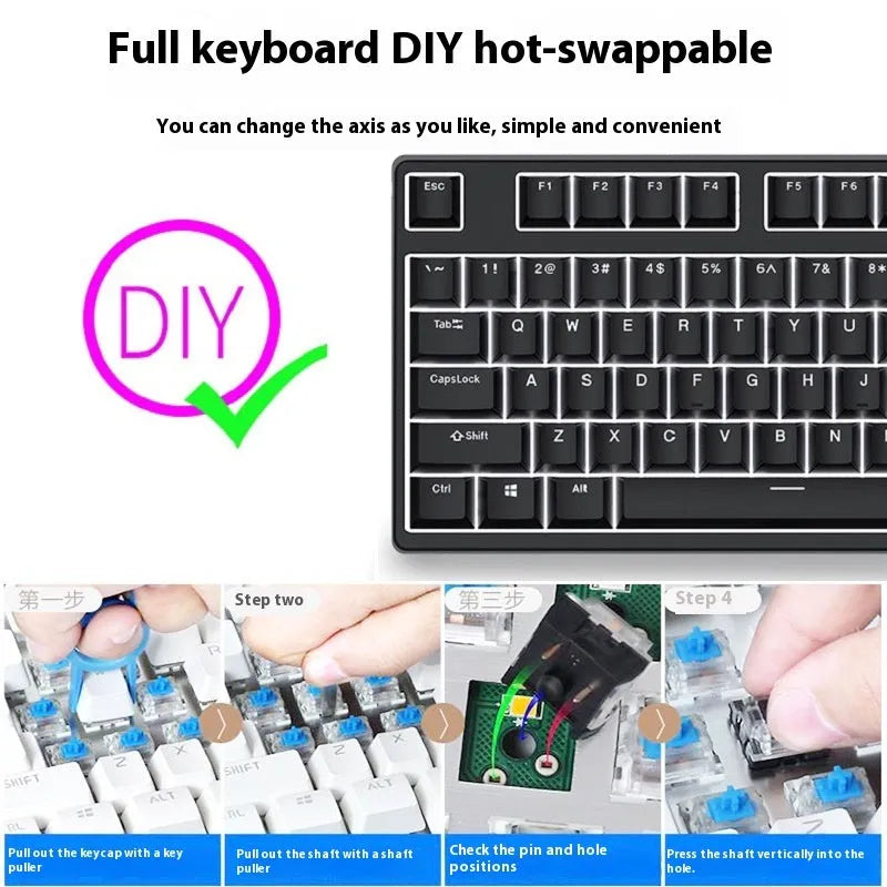 87-key wired mechanical keyboard with multicolour keycaps on black base, showing hot-swappable switches and included tools