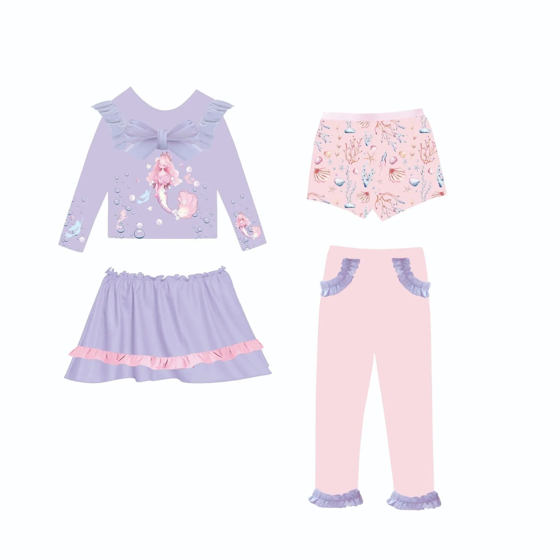 Girl's four-piece gilded mermaid swimsuit set in Baby's Ocean colour.