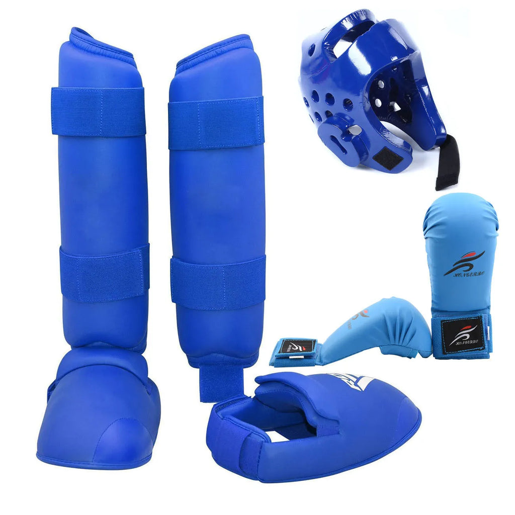 Red martial arts protective gear set showing leg guard, helmet, and boxing gloves for karate taekwondo training