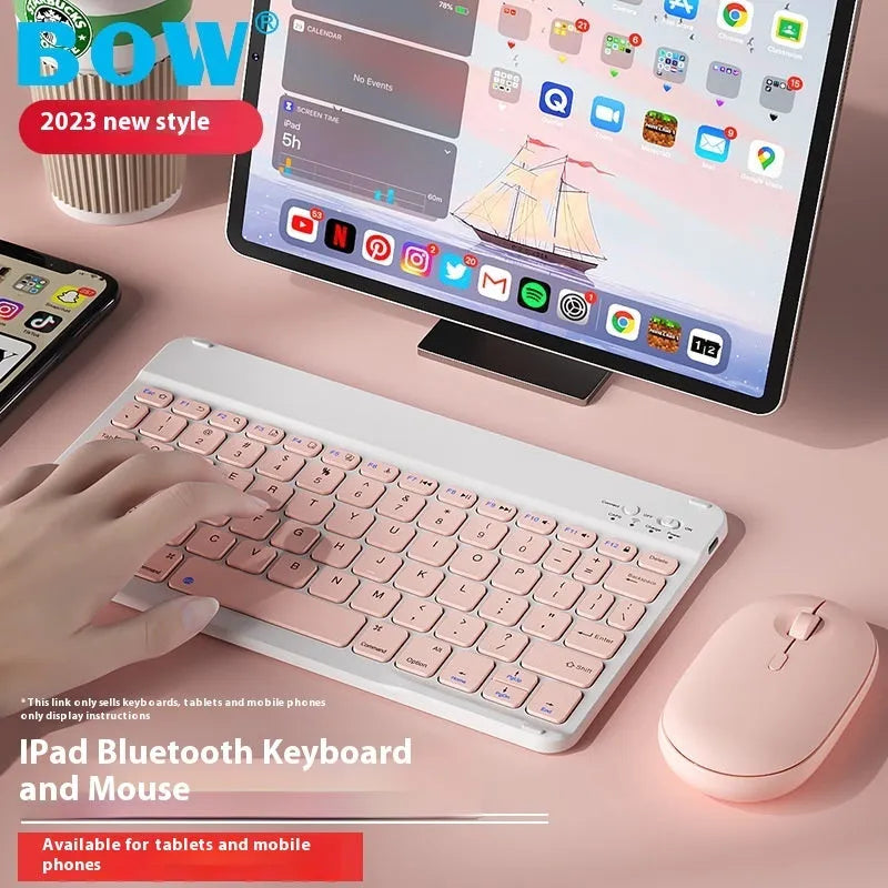 Bluetooth keyboard and rechargeable mouse set in elegant white, green, or pink for tablet and PC use