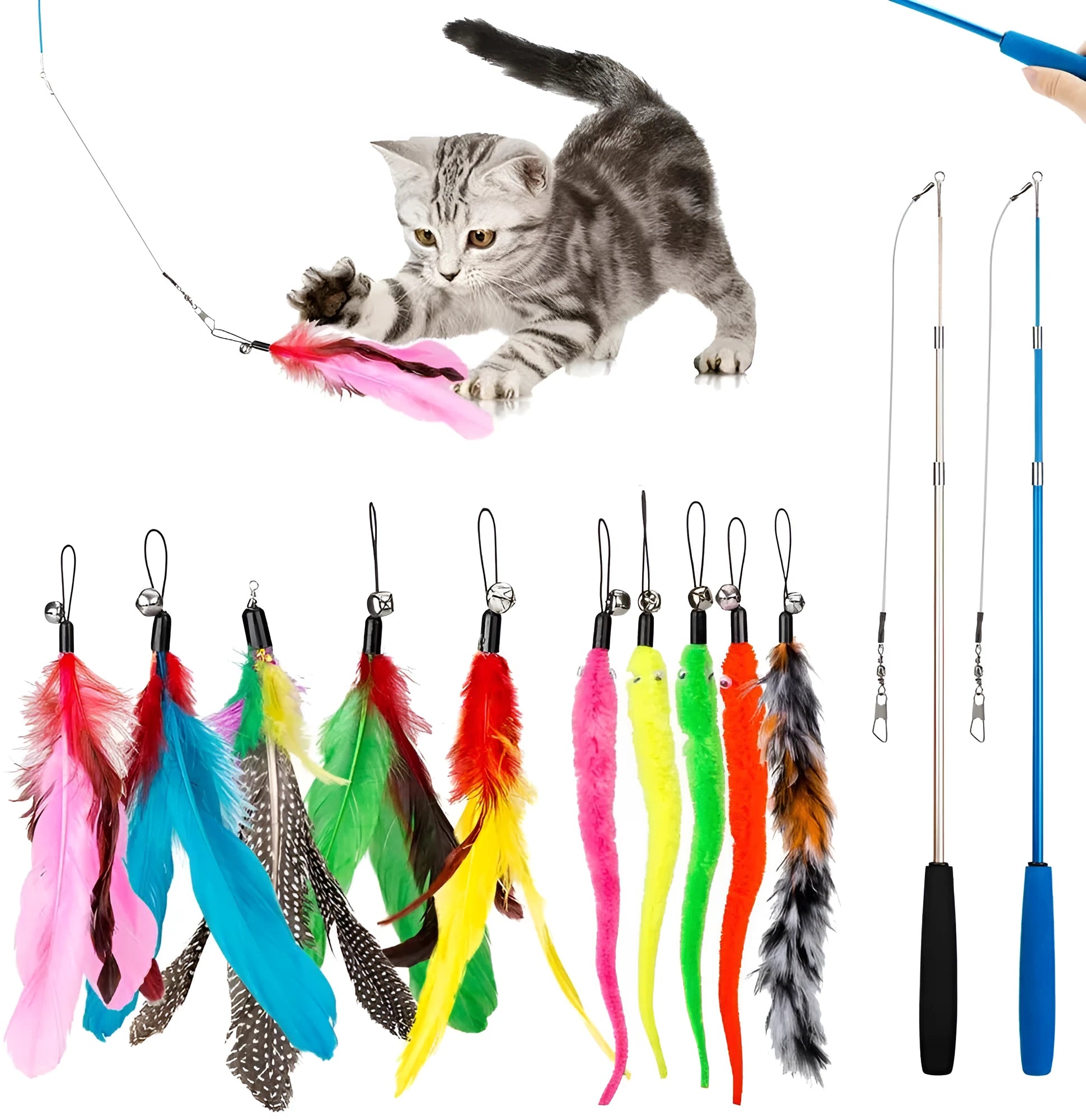 Cat teaser fishing rod set with feather heads and 30 cm poles for interactive play