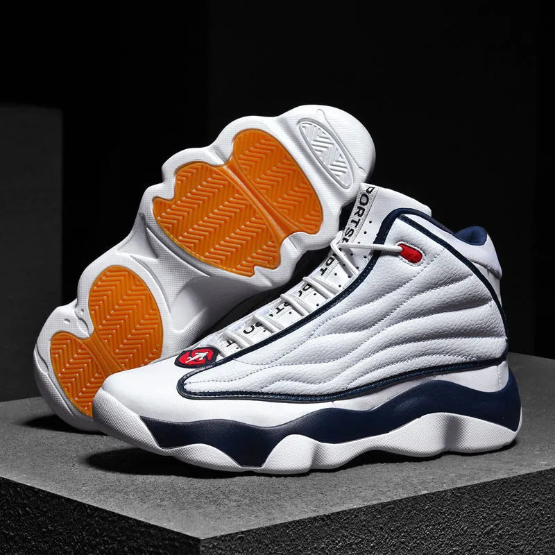 High-top basketball shoes with thick rubber soles and mesh upper in AJ13 colour options