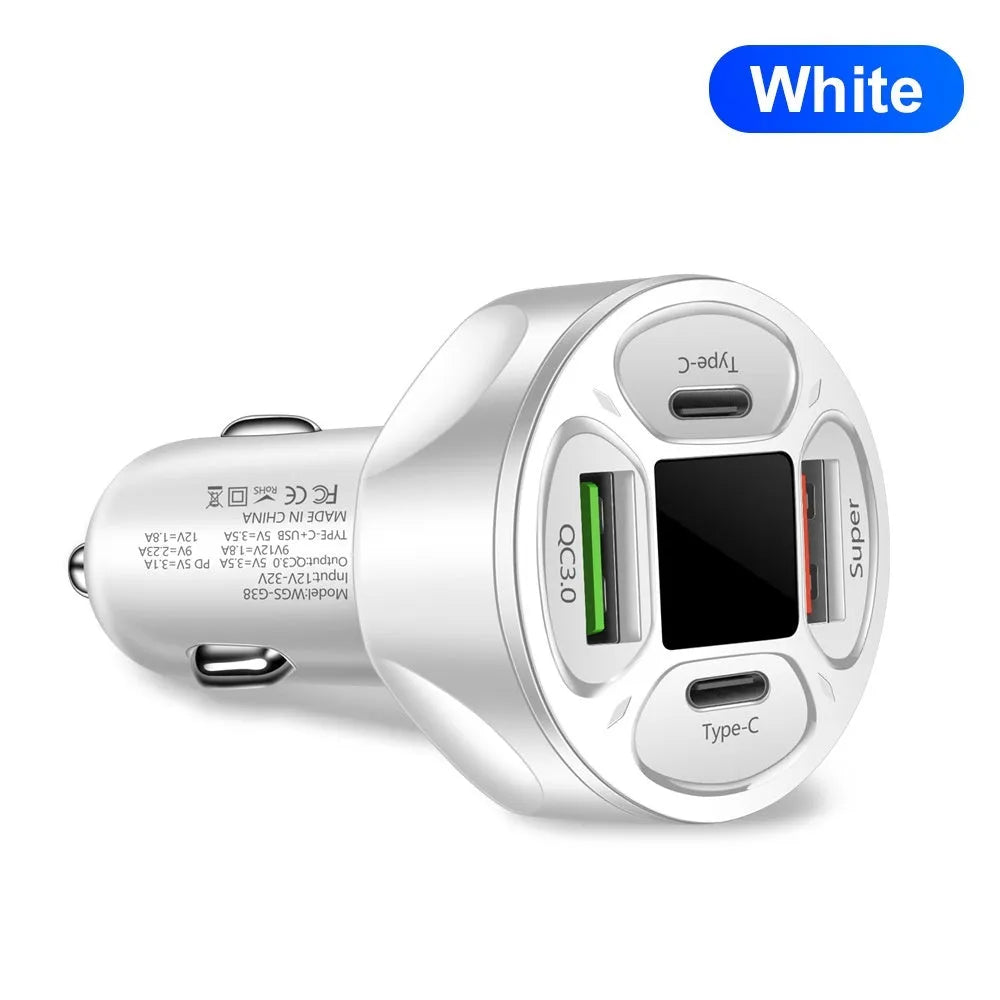 Black car charger with digital display showing charging voltage and current readings