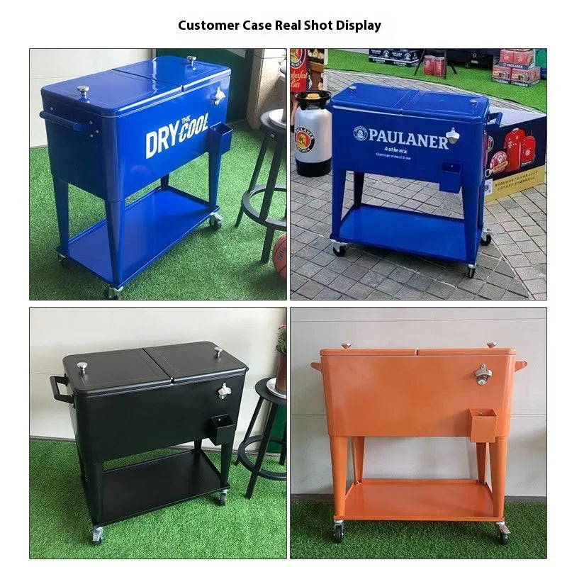Red metal outdoor insulated cart with wheels and a 750ml capacity