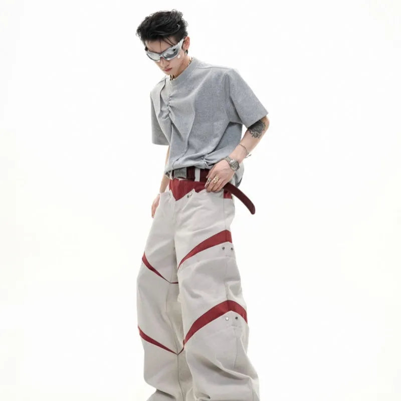 Men's loose fit grey cotton T-shirt with three-dimensional pleating detail on the front.