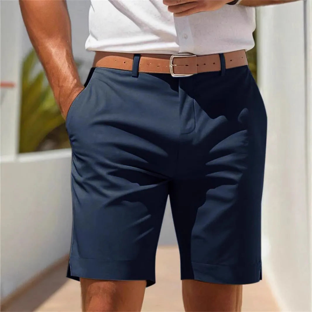 Men's straight-leg polyester summer shorts in light grey colour showing smart-casual design