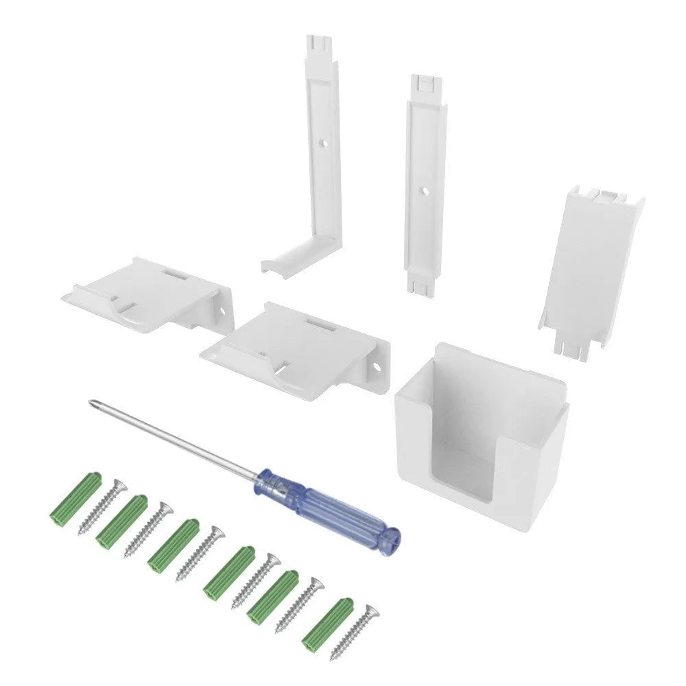 White ABS plastic wall-mounted hook holding a PlayStation game controller and headphones.