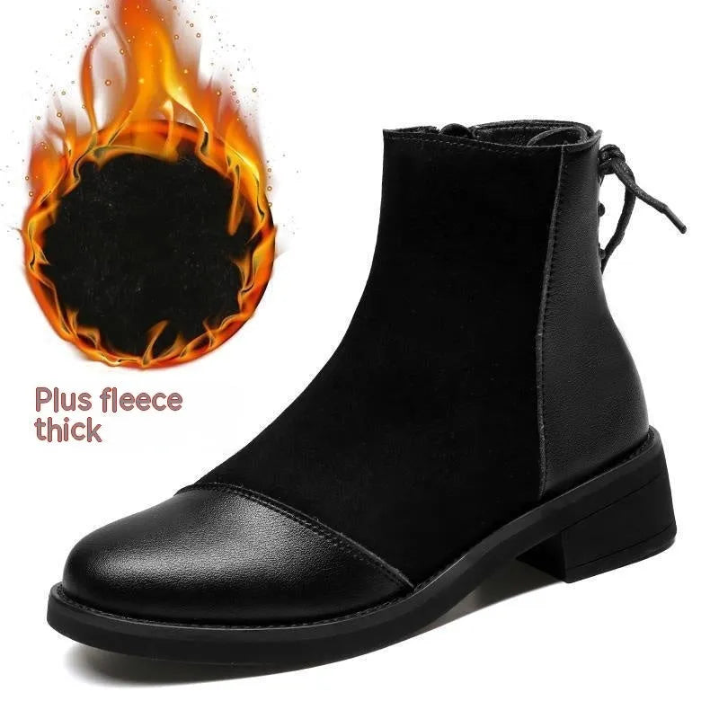 Women's black knee-high Martin boots with side zip, round toe, bow detail, and non-slip rubber sole