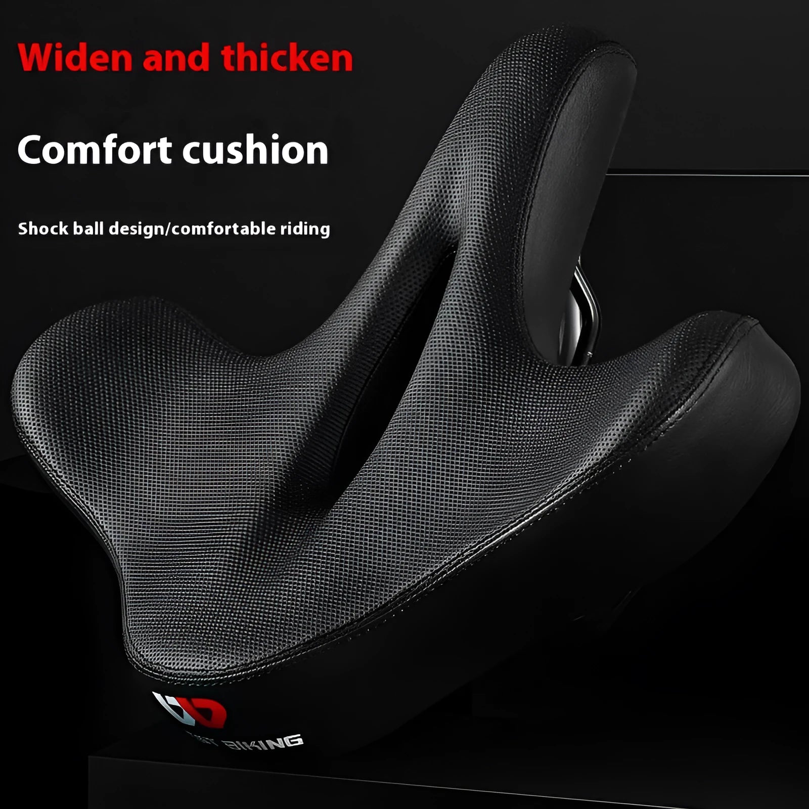 Black bicycle seat cushion with leather surface and polyurethane foam interior for shock absorption