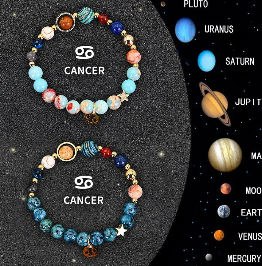 Set of two natural stone beaded bracelets for twelve zodiac signs on a wooden surface.