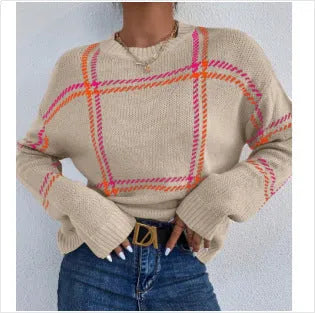 Women's loose fit acrylic sweater with plaid colour-block pattern in apricot black beige stripes red green colours