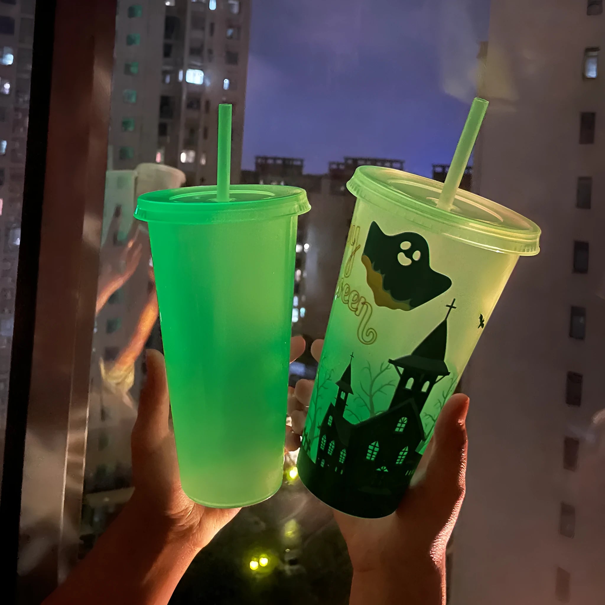 720ml plastic Halloween sippy cup with luminous straw showing cylindrical shape and six colour options