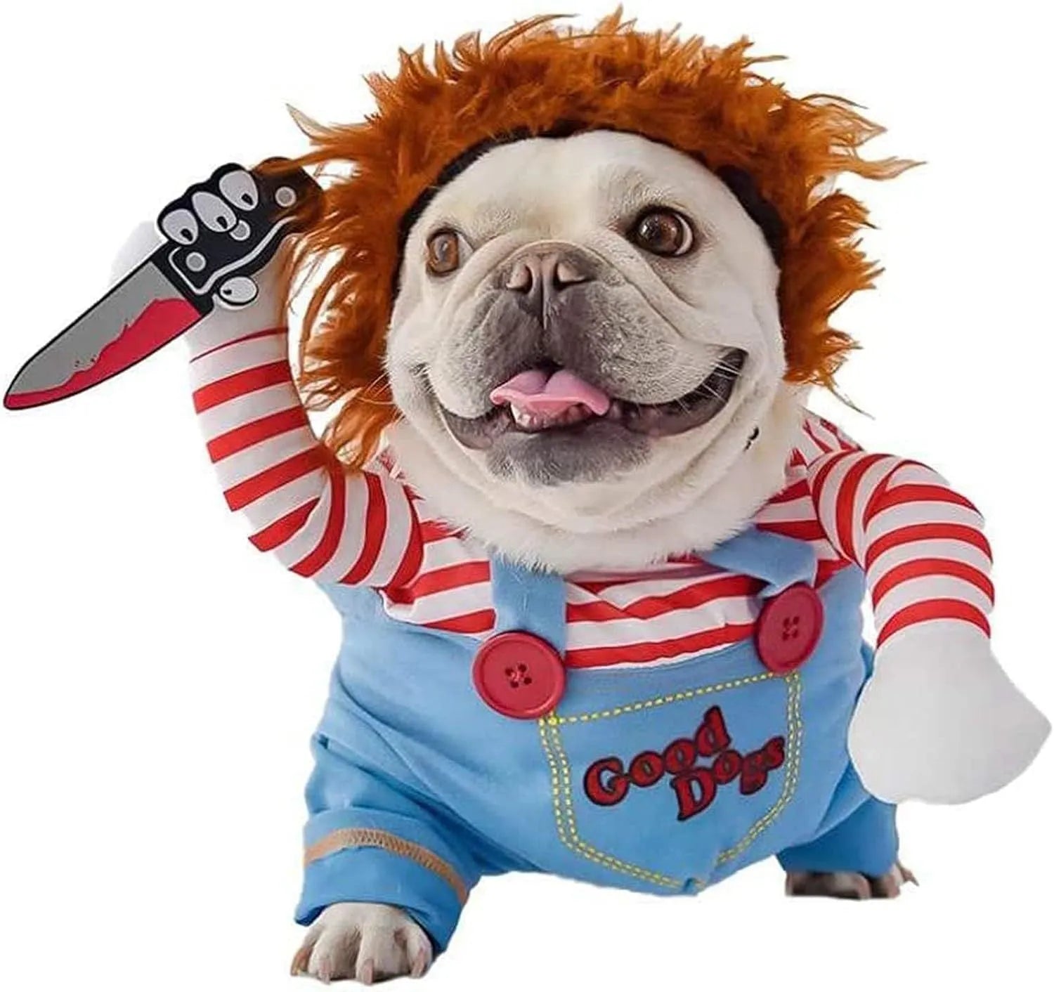 Striped black and white prisoner Halloween costume for a dog, with harness and toy knife prop.