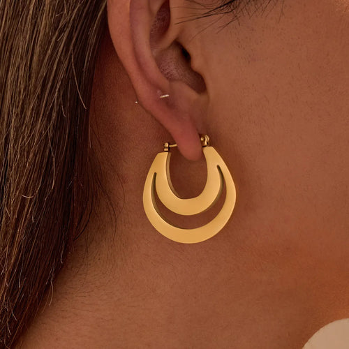 Pair of 18K gold plated geometric stainless steel French earrings with round ring minimalist design for women