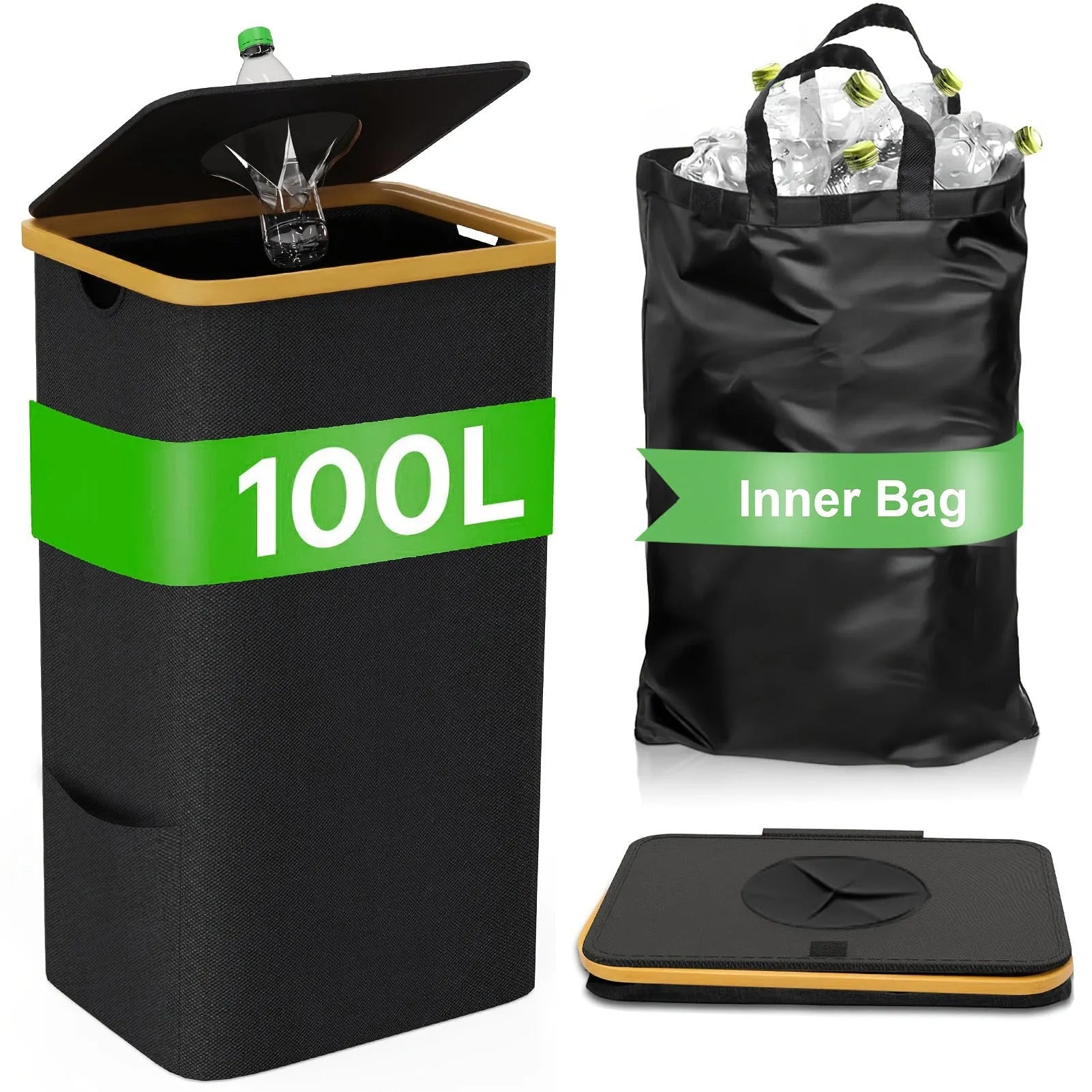 Black bamboo oxford cloth storage basket with removable lid and double inner pockets for household organisation