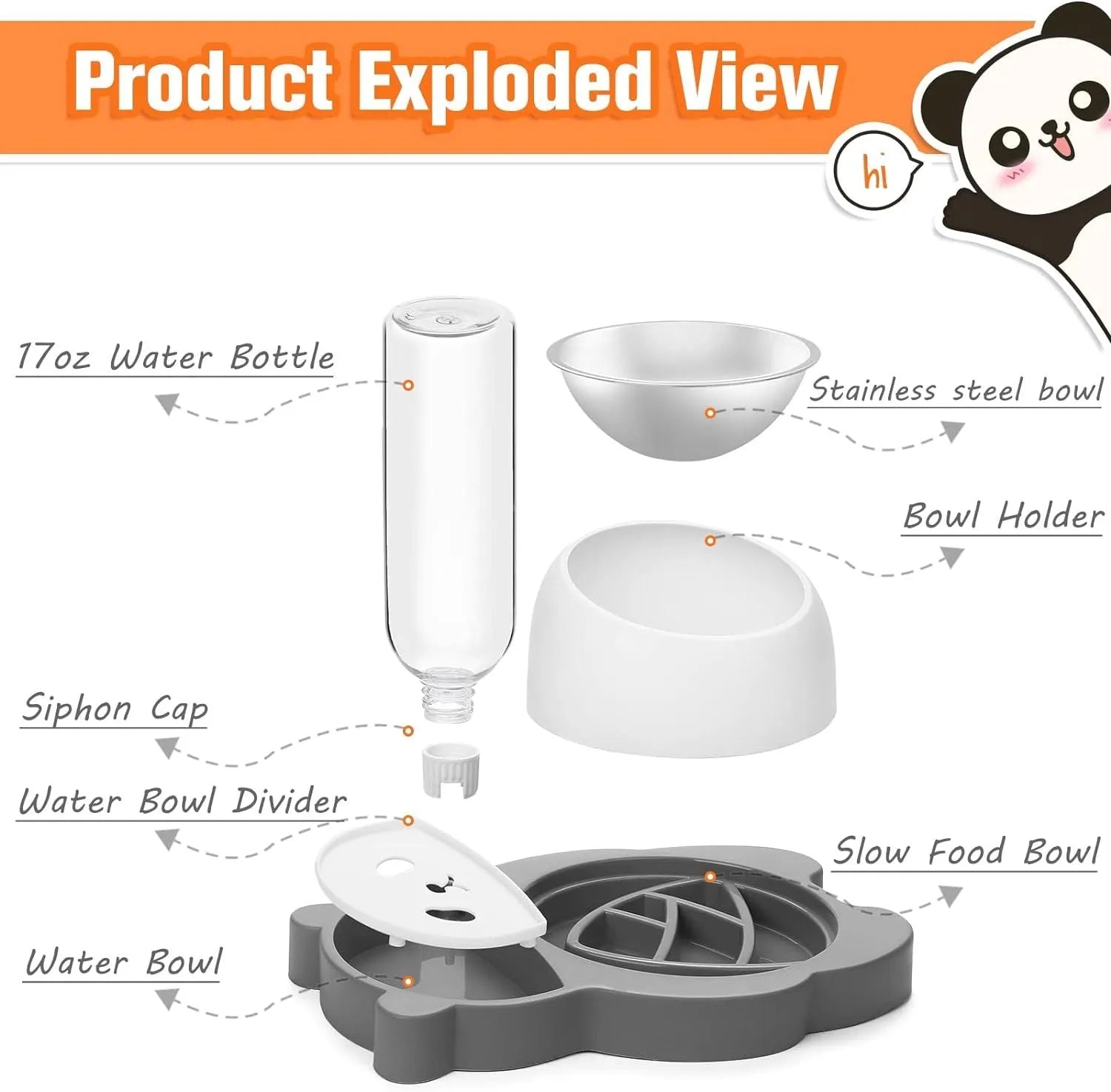 Panda-shaped pet feeder with tilted raised bowls and automatic water dispenser bottle