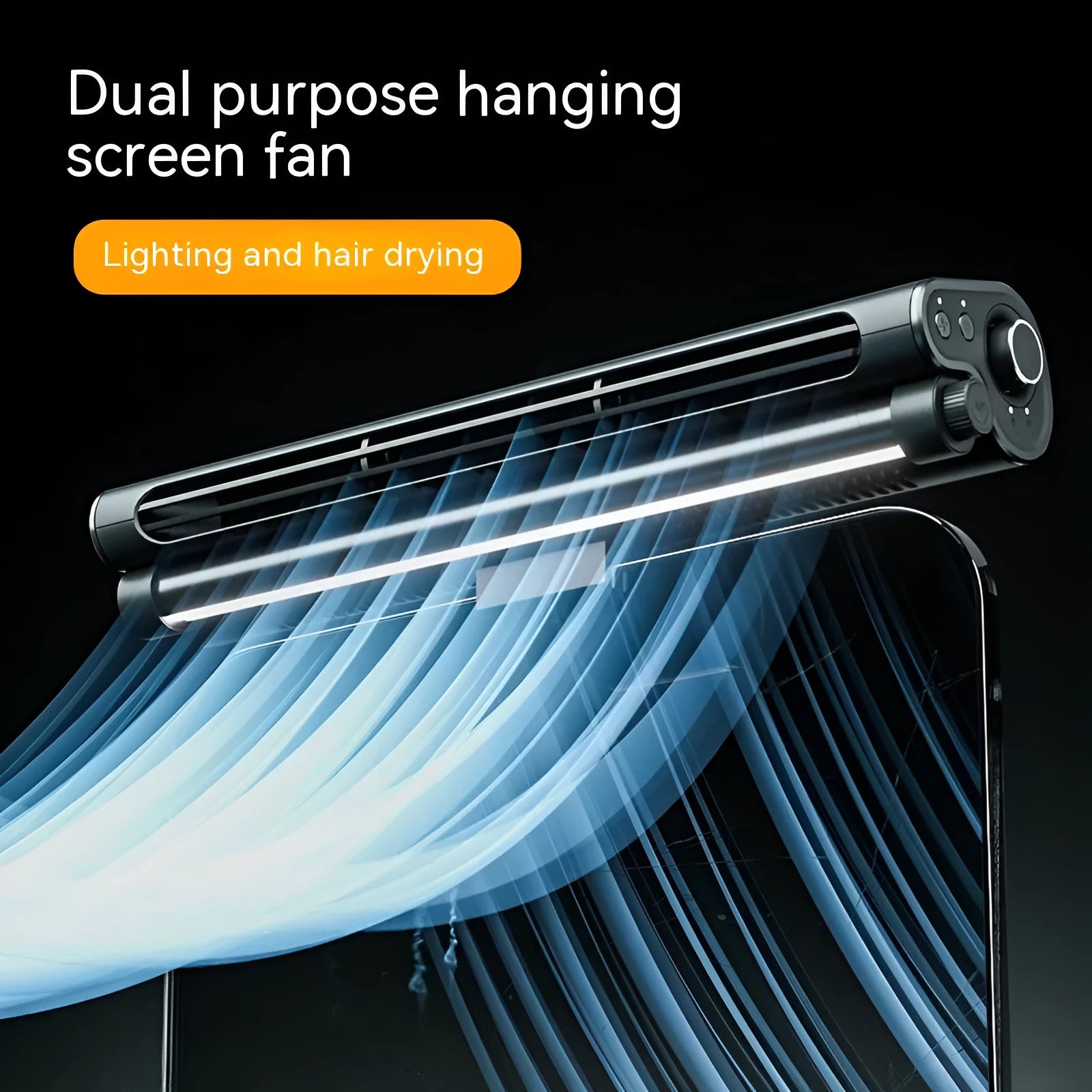 Black clip-on bladeless USB fan attached to laptop screen with LED light illuminated
