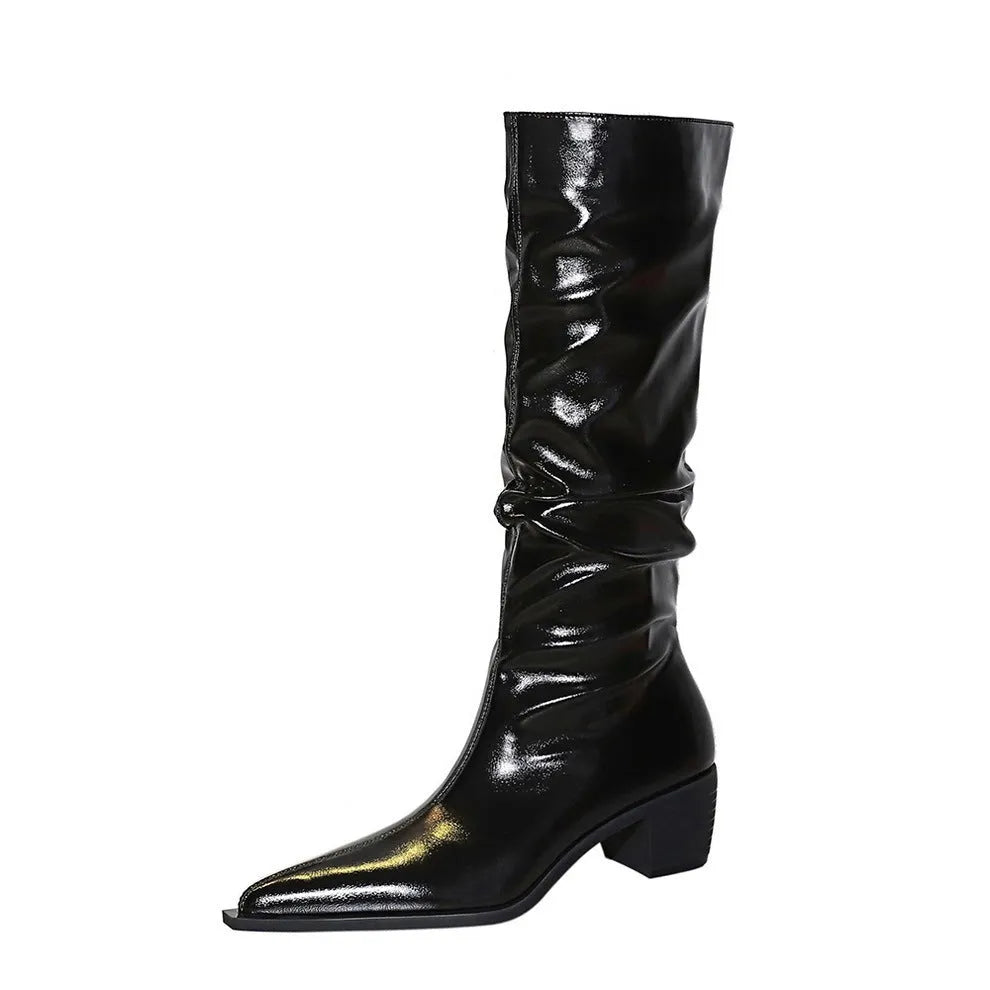 Women's over-the-knee boots black patent leather chunky heel wrinkled surface cotton lining