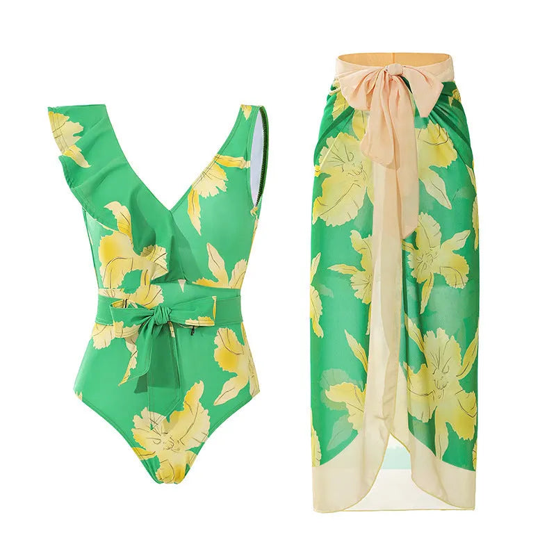Women's solid colour one-piece swimsuit with spaghetti straps and matching skirt set