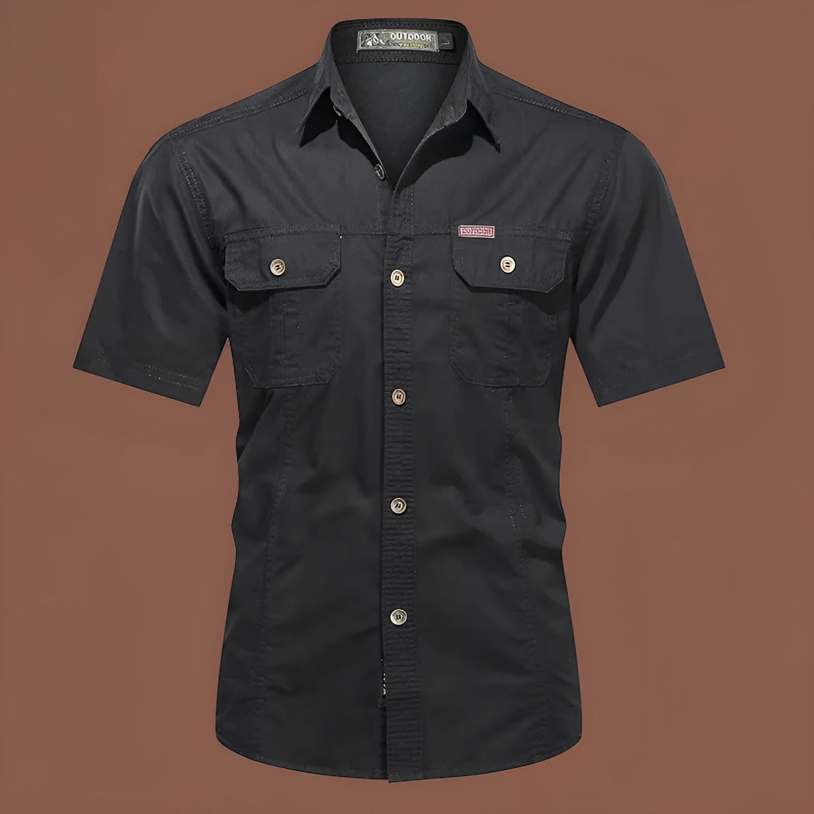 Men's loose-fitting short sleeve cotton work shirt in army green, laid flat.