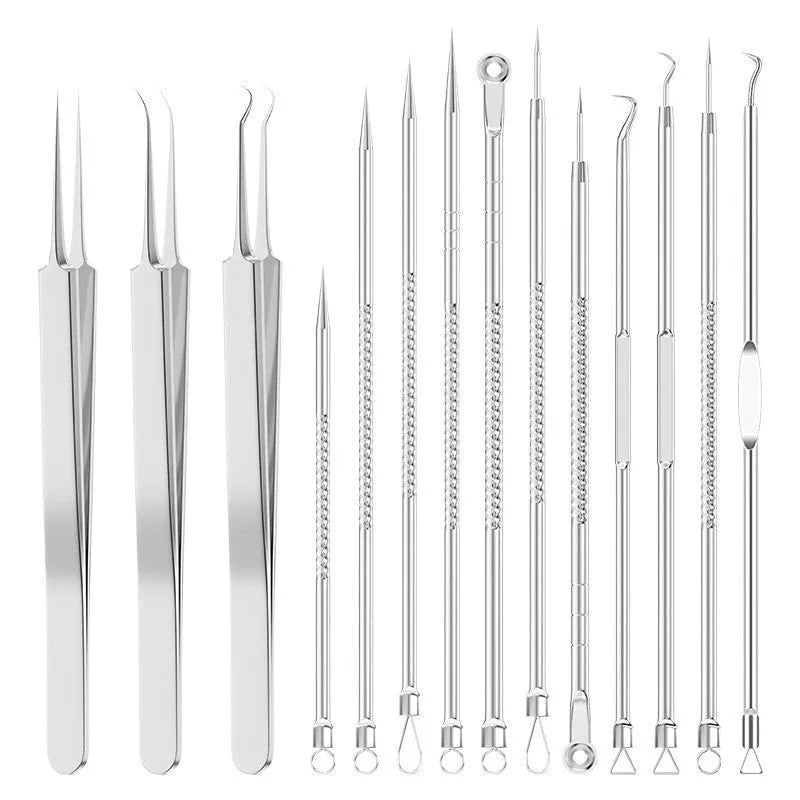 Four metal acne needles with ultra-fine pointed tips on a clean background.