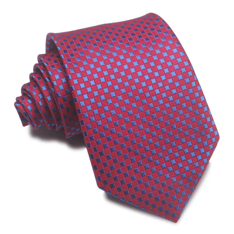 Men's 8cm polyester jacquard striped business tie in red black and blue formal arrow type