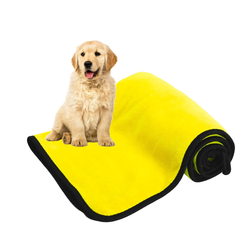 Yellow microfiber dog drying towel on hook, super absorbent for quick drying pets
