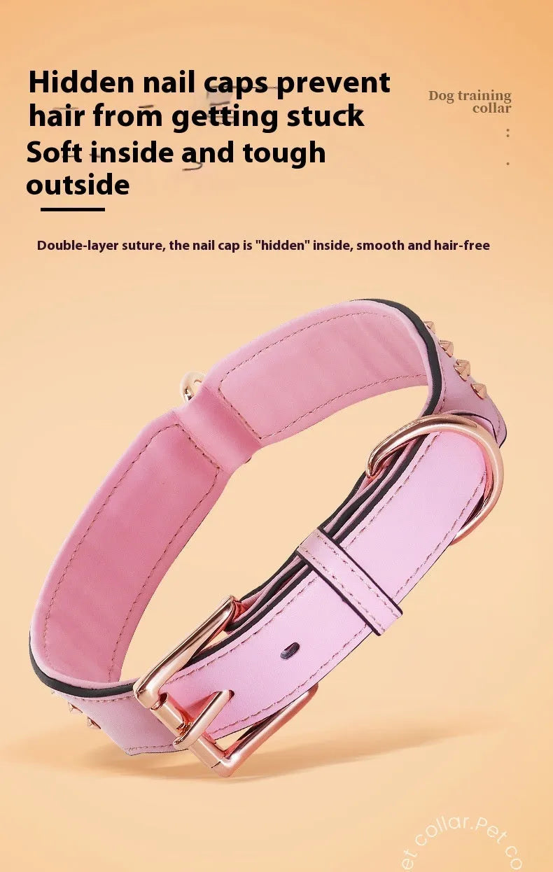 Chocolate coloured leather dog collar with metal rivets for anti-bite protection on a dog's neck.