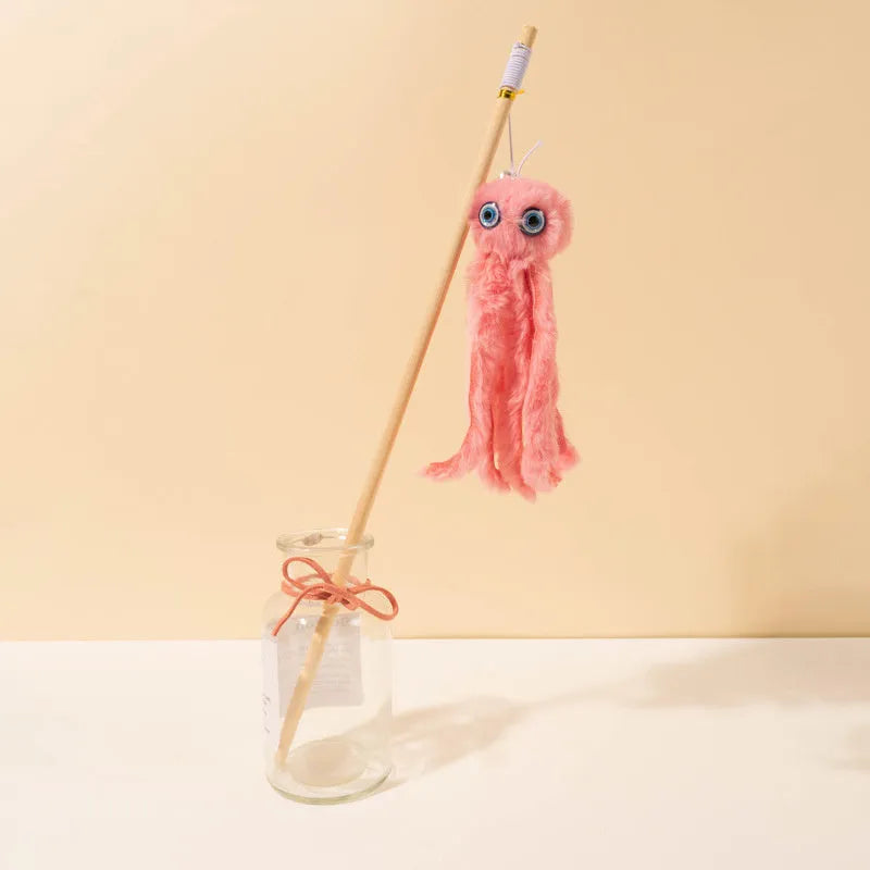 Octopus theme cat toy with long stick handle in bright pink purple red grey colours