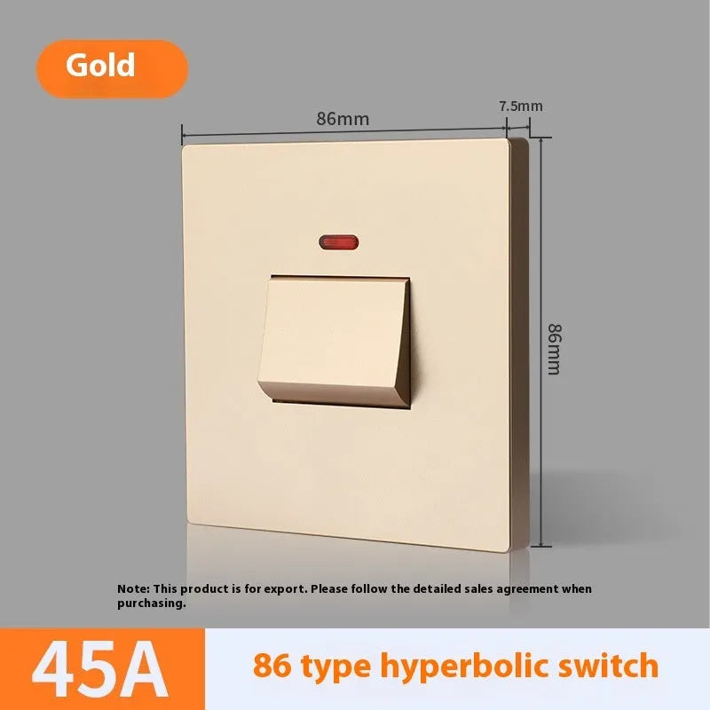 A white, high-current double-break electrical switch with a light panel indicator, shown alongside gold and grey colour variants.
