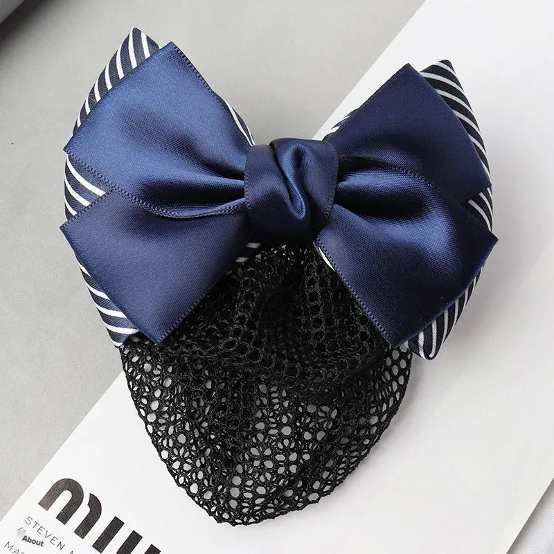 Professional waitress hair net with double bow clip in various colours including black, red, and blue mesh
