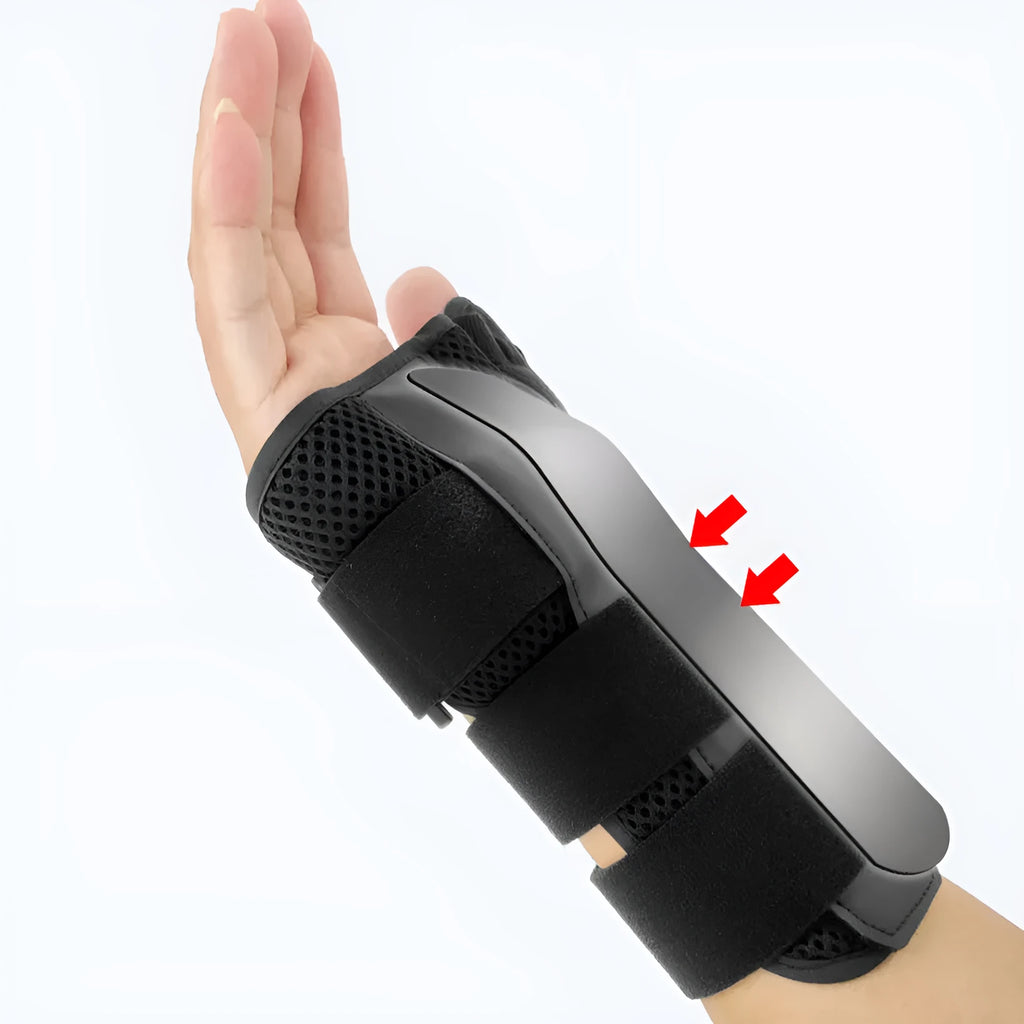 Carbon fibre sports wrist guard with thumb strap in black and grey.