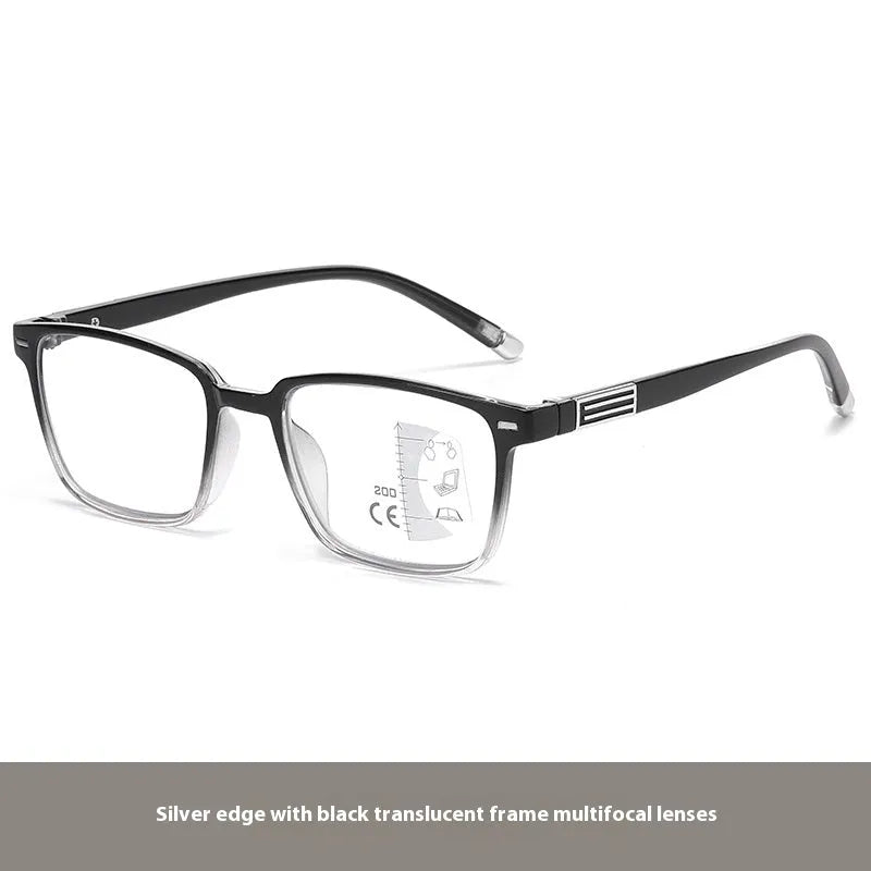 Multifocal reading glasses with photochromic blue light filtering lenses in various frame styles