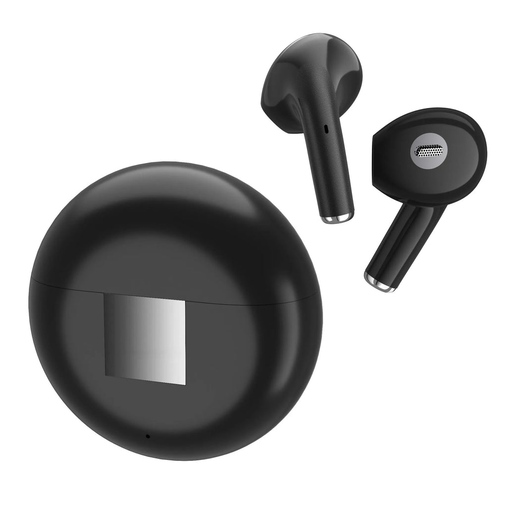 White Budz5 wireless Bluetooth earphones and their compact rectangular charging case on a table.