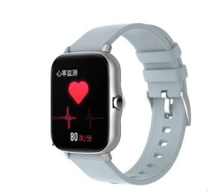 Smart sports watch with 1.7-inch colour touch screen in black, blue, or gold with adjustable strap.
