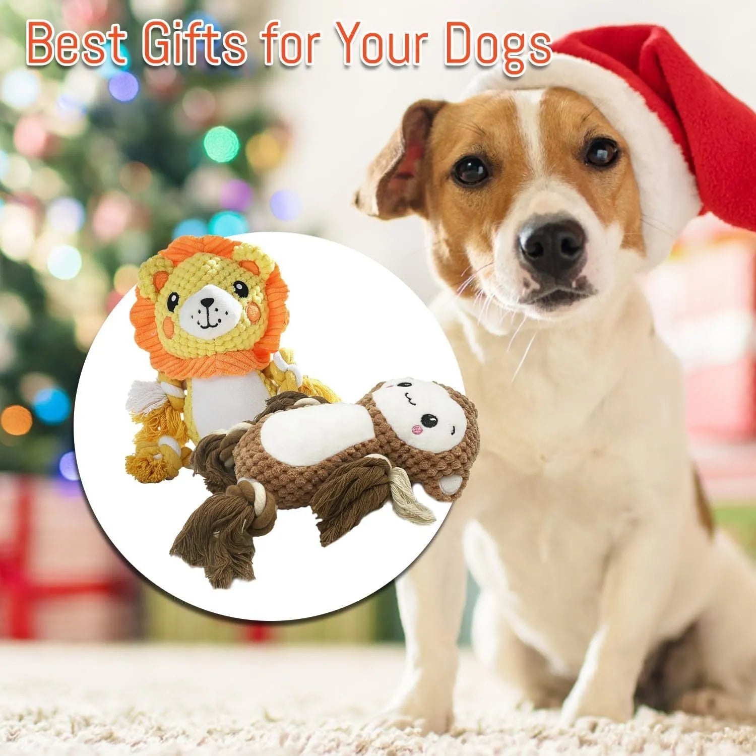 Lion and monkey plush squeaky dog toys bundle for medium and large breed dogs