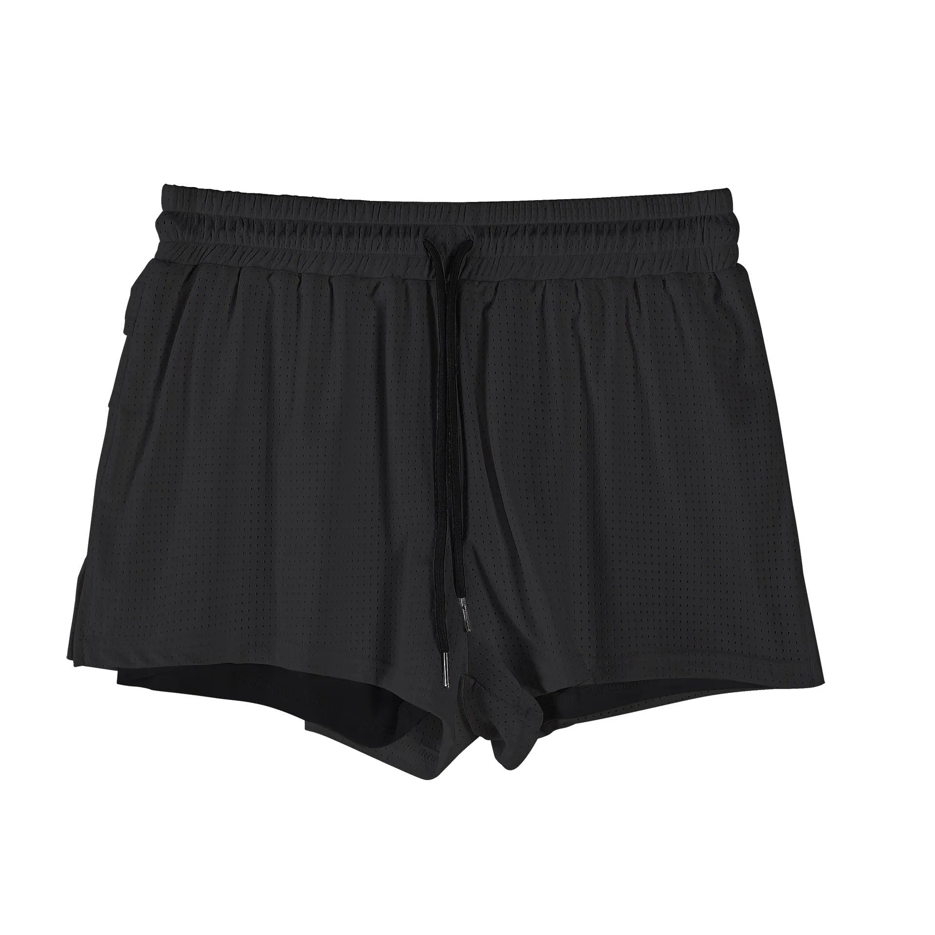 Men's black nylon quick-drying summer shorts laid flat, showing mid-waist and shorts length design.