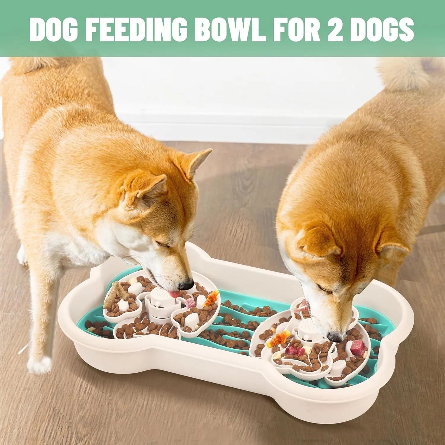 Large green slow feeder dog bowl with three rotating puzzle trays and non-slip suction cups on base