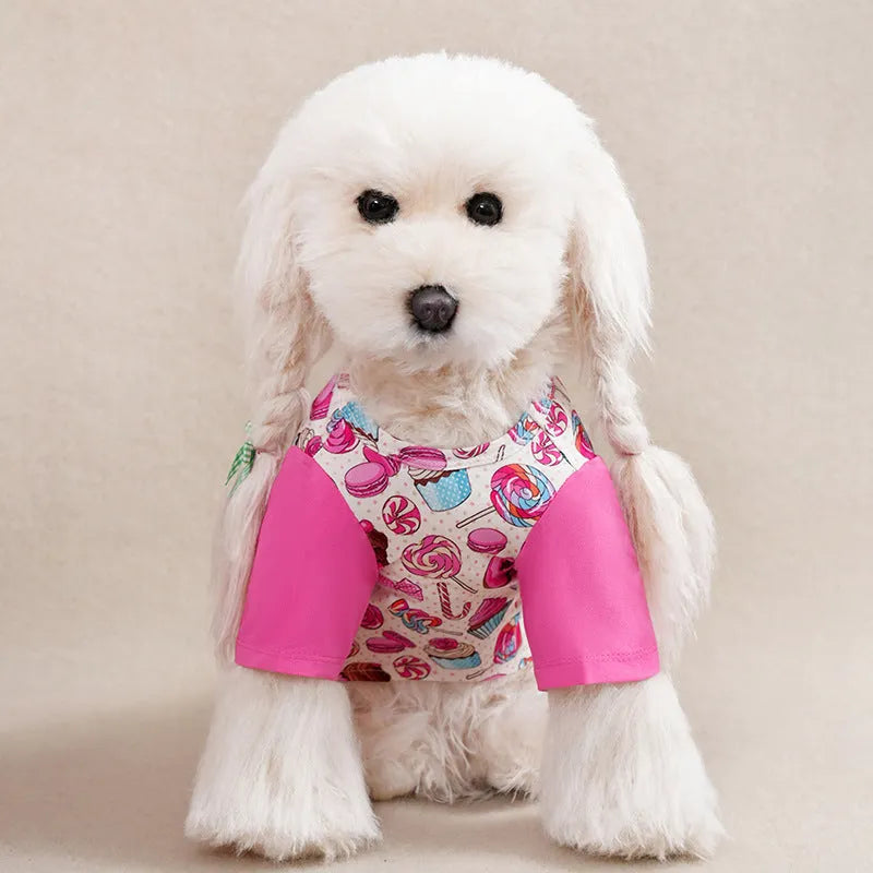 Full-print polyester t-shirt for a small dog, shown in one of six colour variants, with size chart for S, M, L, XL, XXL.