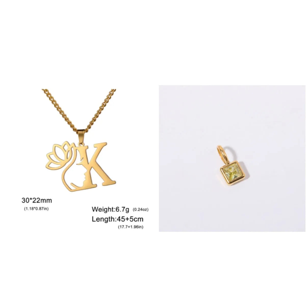 Stainless steel necklace with cross chain and a single initial letter pendant in gold tone.