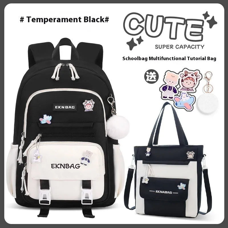 Girls waterproof Oxford cloth school backpack with curved straps and spine protection in solid colours for grade 5-6 students