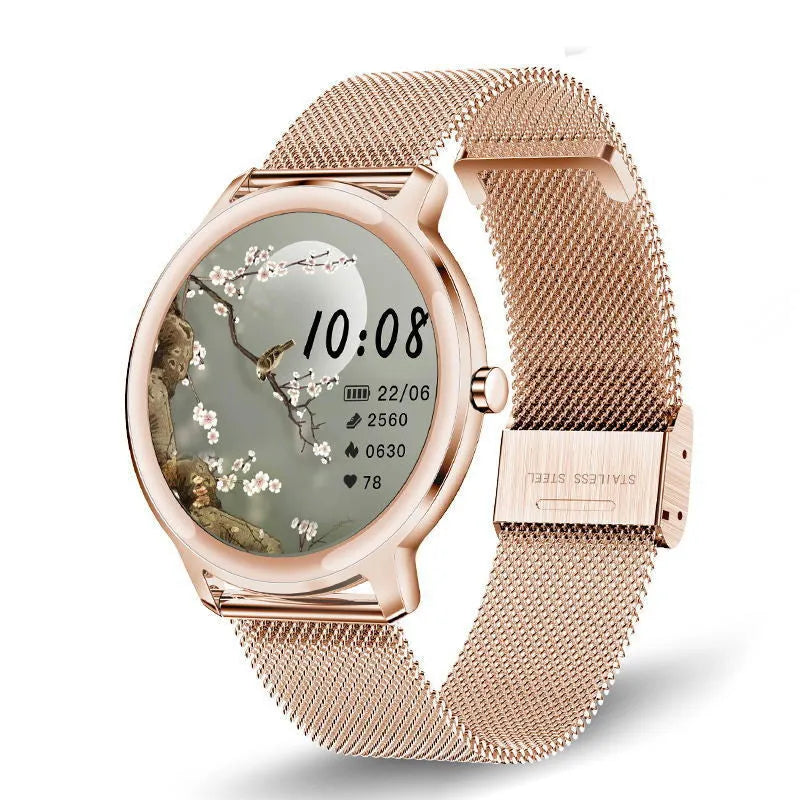 Women's stainless steel smart watch with 1.3 inch TFT screen and mesh belt in rose or silver