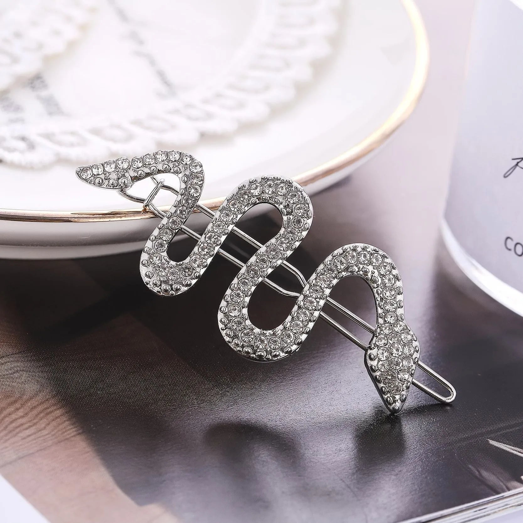 Vintage snake design rhinestone hair barrette with electroplated gold or silver finish
