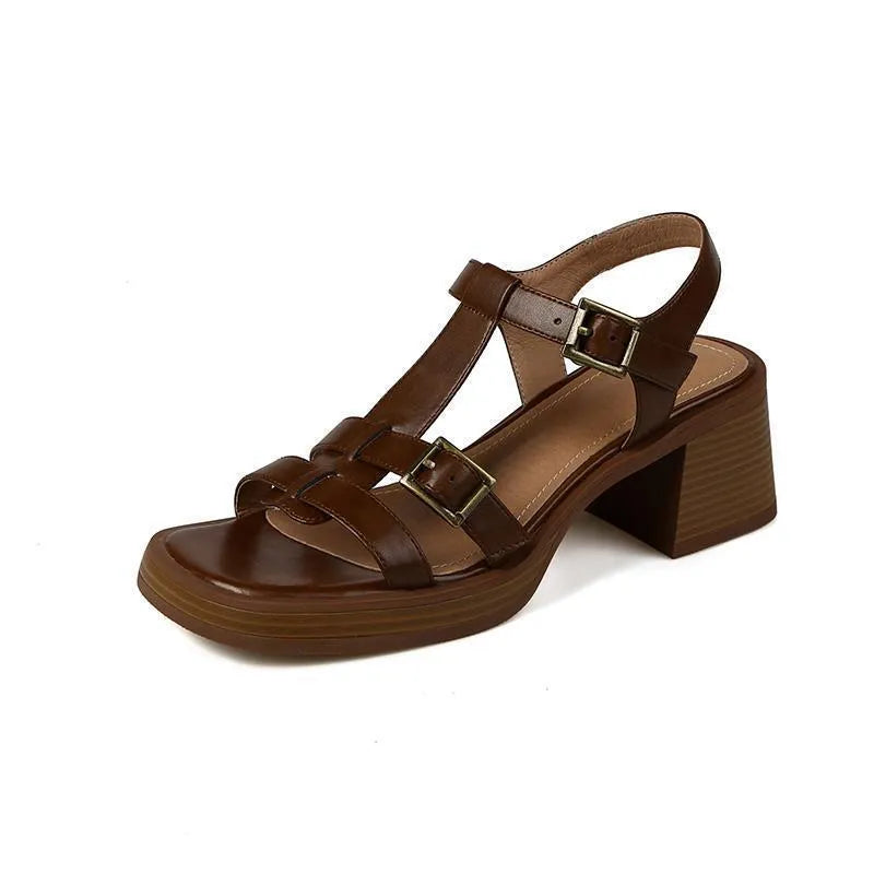 Women's black retro sandals with T-buckle and chunky platform heel