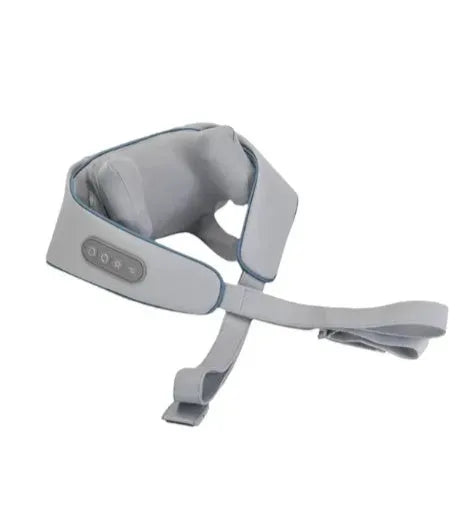 Milky white rechargeable shoulder and neck kneading massager with infrared physiotherapy.